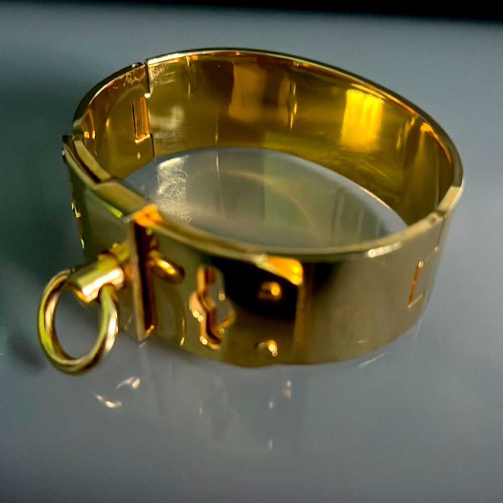 -Gold Tone Ring Hinged Clamper Statement Bracelet - image 6